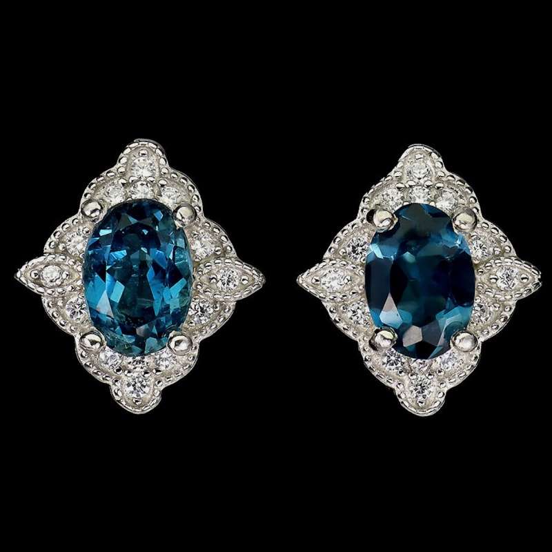 Natural London Blue Topaz & White CZ in Solid .925 Sterling Silver 14K White Gold Stud Earrings