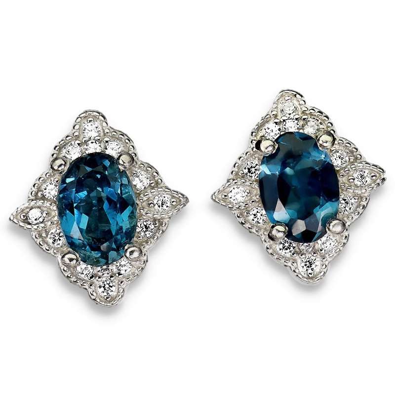 Natural London Blue Topaz & White CZ in Solid .925 Sterling Silver 14K White Gold Stud Earrings