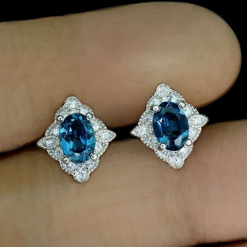 Natural London Blue Topaz & White CZ in Solid .925 Sterling Silver 14K White Gold Stud Earrings