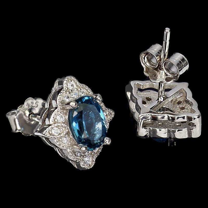 Natural London Blue Topaz & White CZ in Solid .925 Sterling Silver 14K White Gold Stud Earrings