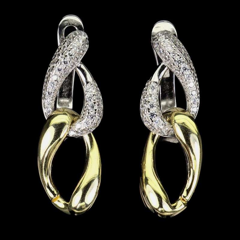 Two Tone AAA Diamond Cut AAA White CZ Solid .925 Silver 14K White and Yellow Gold Earrings