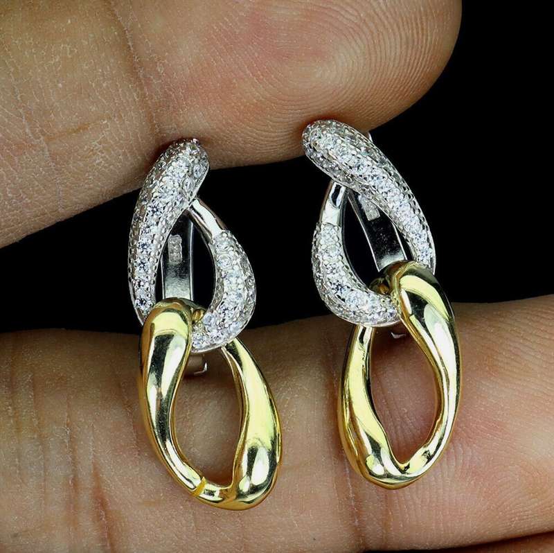 Two Tone AAA Diamond Cut AAA White CZ Solid .925 Silver 14K White and Yellow Gold Earrings