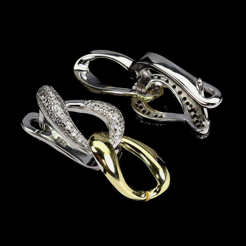 Two Tone AAA Diamond Cut AAA White CZ Solid .925 Silver 14K White and Yellow Gold Earrings