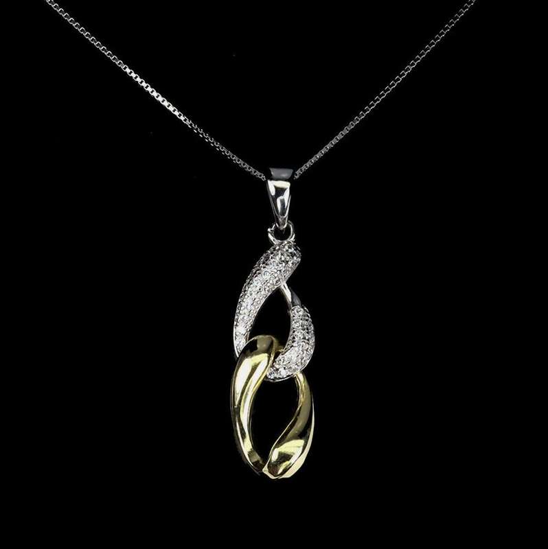 Two Tone AAA Diamond Cut AAA White CZ Solid .925 Silver 14K White and Yellow Gold Necklace