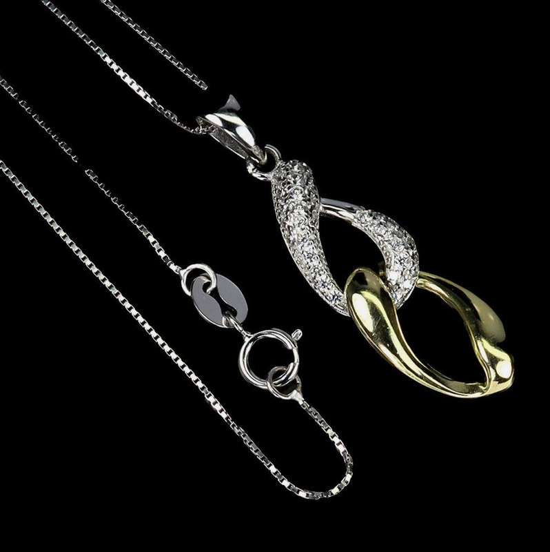 Two Tone AAA Diamond Cut AAA White CZ Solid .925 Silver 14K White and Yellow Gold Necklace