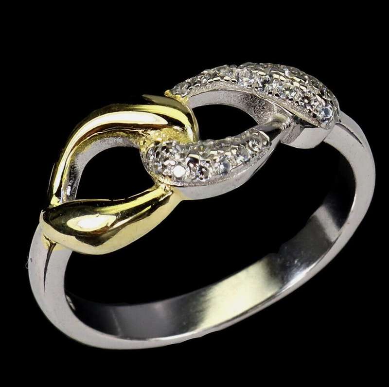 Two Tone AAA Diamond Cut AAA White CZ Solid .925 Silver 14K White and Yellow Gold Ring Size US 8 /Q
