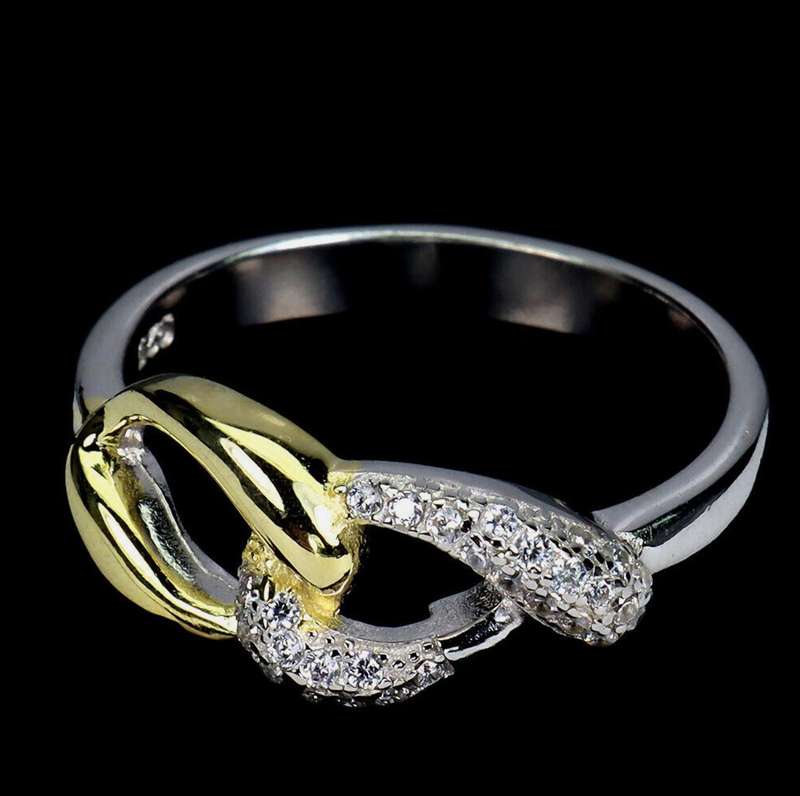 Two Tone AAA Diamond Cut AAA White CZ Solid .925 Silver 14K White and Yellow Gold Ring Size US 8 /Q
