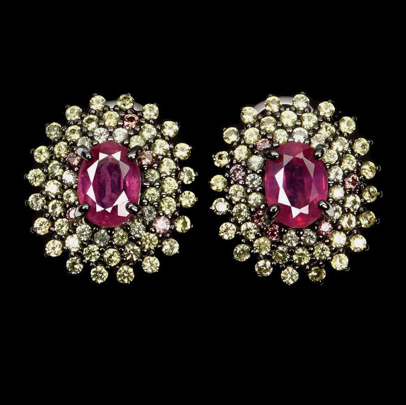 Deluxe Natural Red Pink Ruby and Sapphires Set in Solid .925 Sterling Silver 14K W/ Gold Earrings