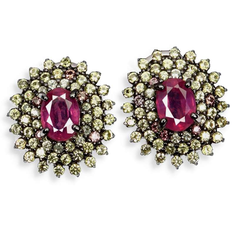 Deluxe Natural Red Pink Ruby and Sapphires Set in Solid .925 Sterling Silver 14K W/ Gold Earrings