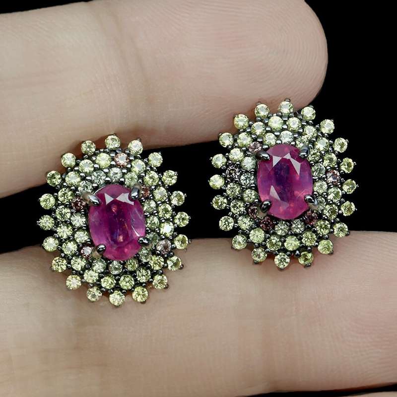 Deluxe Natural Red Pink Ruby and Sapphires Set in Solid .925 Sterling Silver 14K W/ Gold Earrings