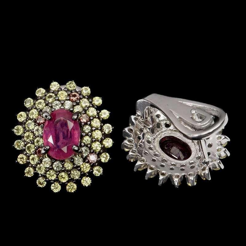 Deluxe Natural Red Pink Ruby and Sapphires Set in Solid .925 Sterling Silver 14K W/ Gold Earrings