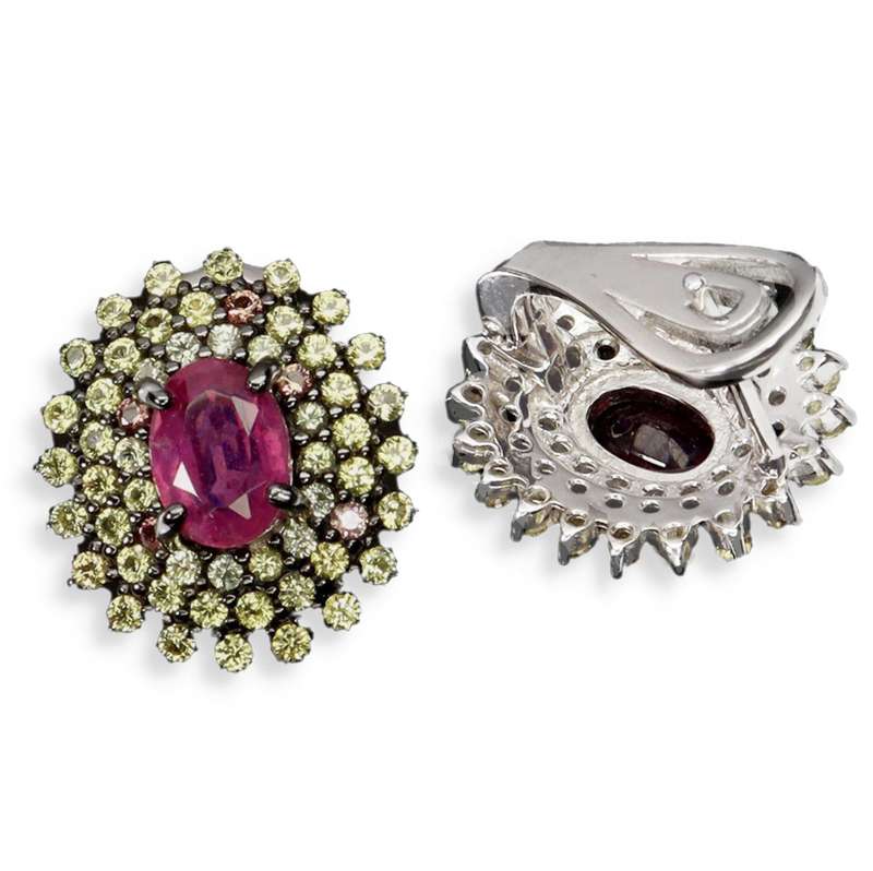 Deluxe Natural Red Pink Ruby and Sapphires Set in Solid .925 Sterling Silver 14K W/ Gold Earrings