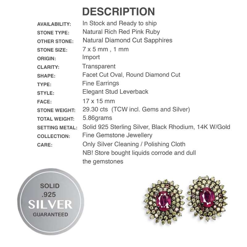 Deluxe Natural Red Pink Ruby and Sapphires Set in Solid .925 Sterling Silver 14K W/ Gold Earrings