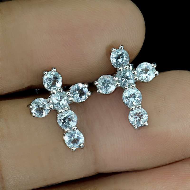 Natural Unheated Aquamarine Gemstone Solid .925 Sterling Silver Cross Stud Earrings