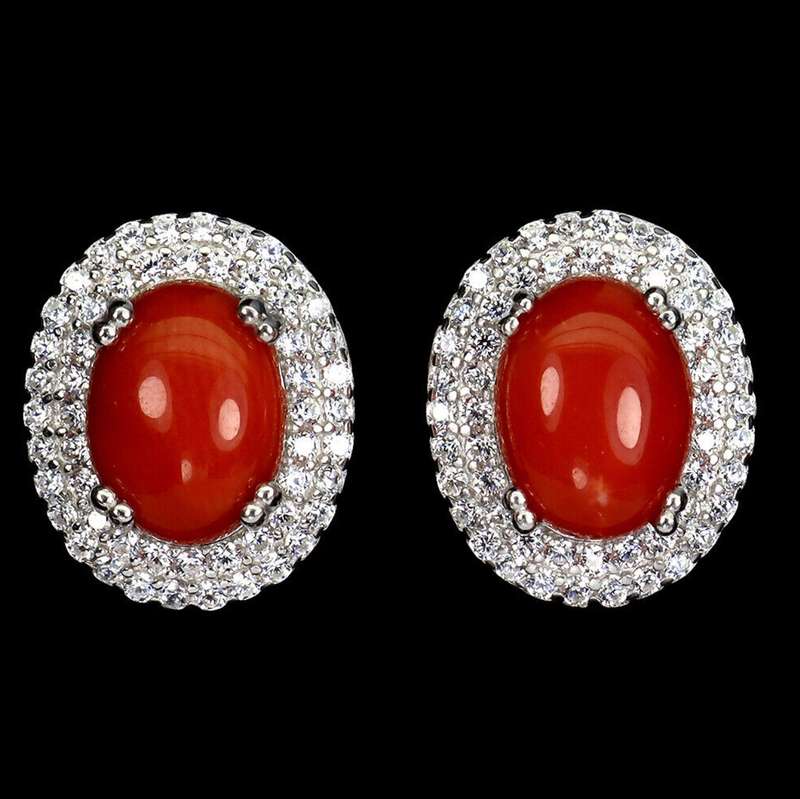 Rare Natural Unheated Italian Coral AAA White CZ in Solid Sterling Silver White Gold Stud Earrings