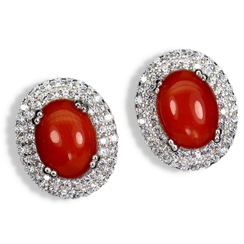 Rare Natural Unheated Italian Coral AAA White CZ in Solid Sterling Silver White Gold Stud Earrings