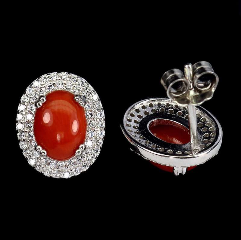 Rare Natural Unheated Italian Coral AAA White CZ in Solid Sterling Silver White Gold Stud Earrings