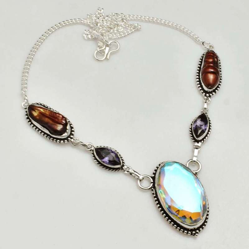 Aqua PInk Mystic Fire Topaz Purple Amethyst and Biwa Pearl .925 Sterling Silver Plated Necklace