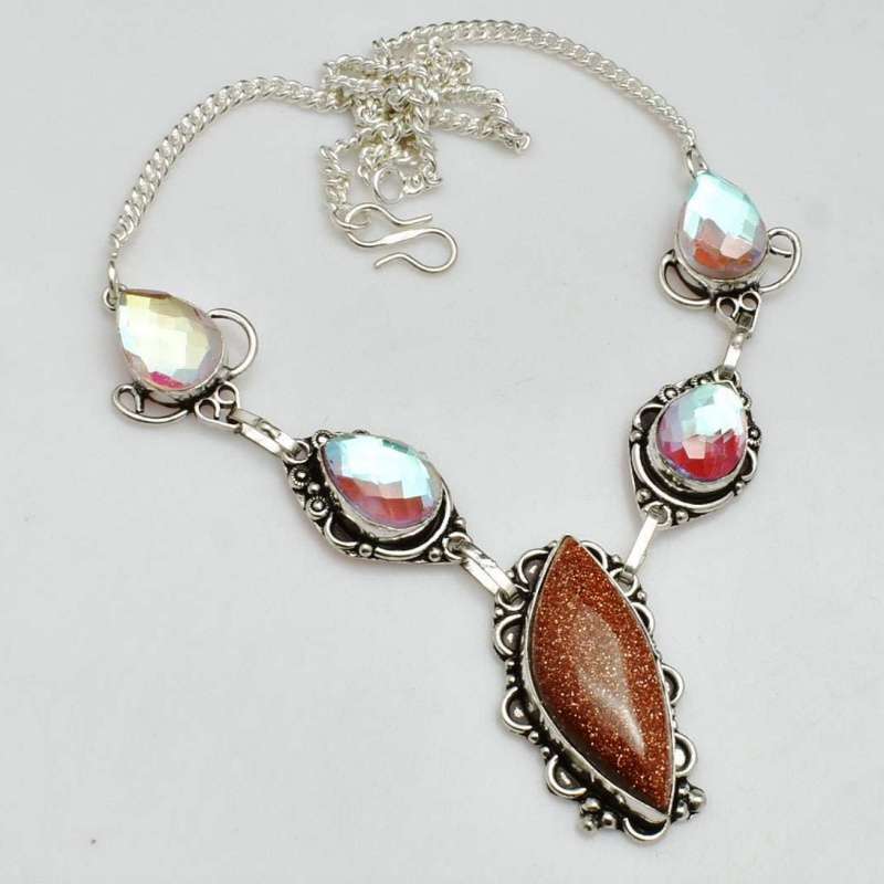 Aqua PInk Mystic Fire Topaz and Goldstone in .925 Sterling Silver Plated Handmade Necklace