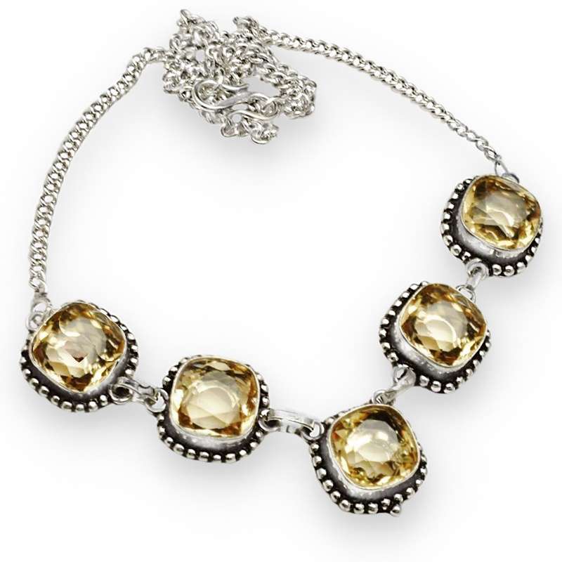 Faceted Citrine Square Gemstones set in  .925 Sterling Silver Plated Handmade Necklace