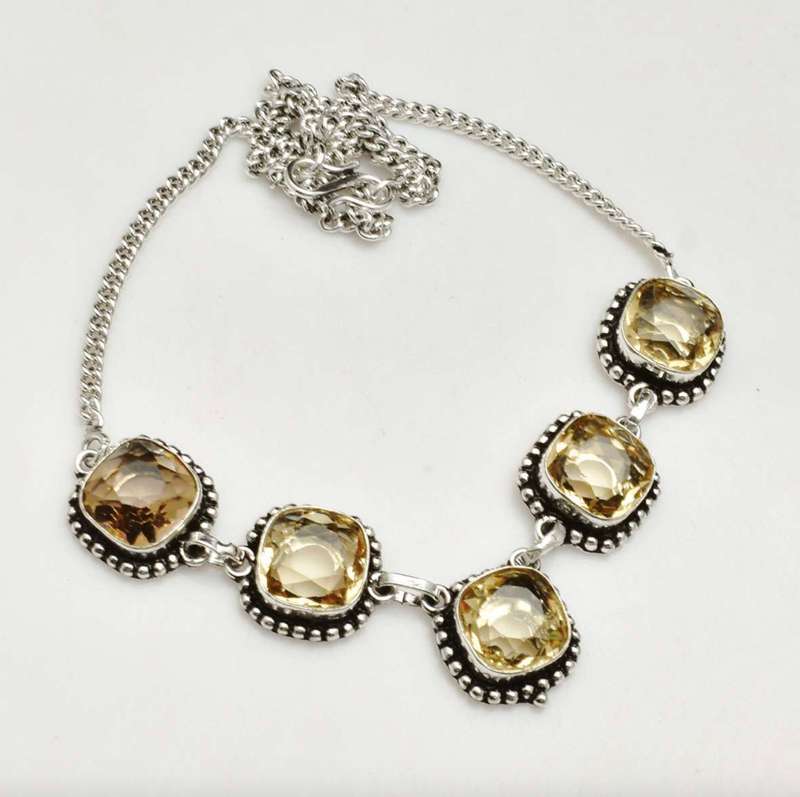 Faceted Citrine Square Gemstones set in  .925 Sterling Silver Plated Handmade Necklace