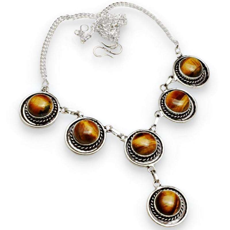 Natural Tigers Eye Round Cab Gemstones set in .925  Sterling Silver Plated  Handmade Necklace