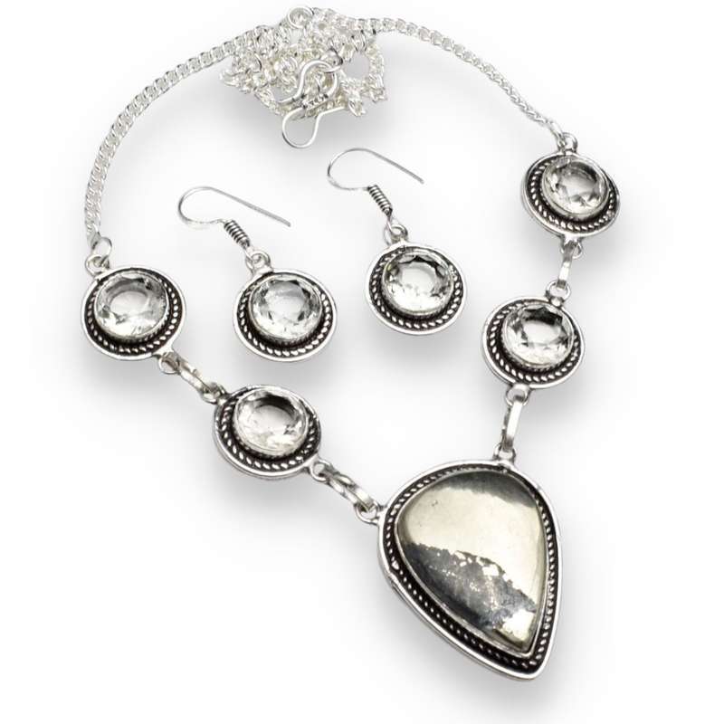 Natural Pyrite In Magnetite and White Topaz set in .925 Sterling Silver Necklace and Earrings