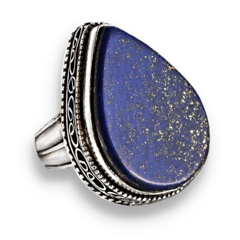 Natural Lapis Lazuli Pear Gemstone in .925 Sterling Silver Plated Antique Style Ring Size US 8 / Q