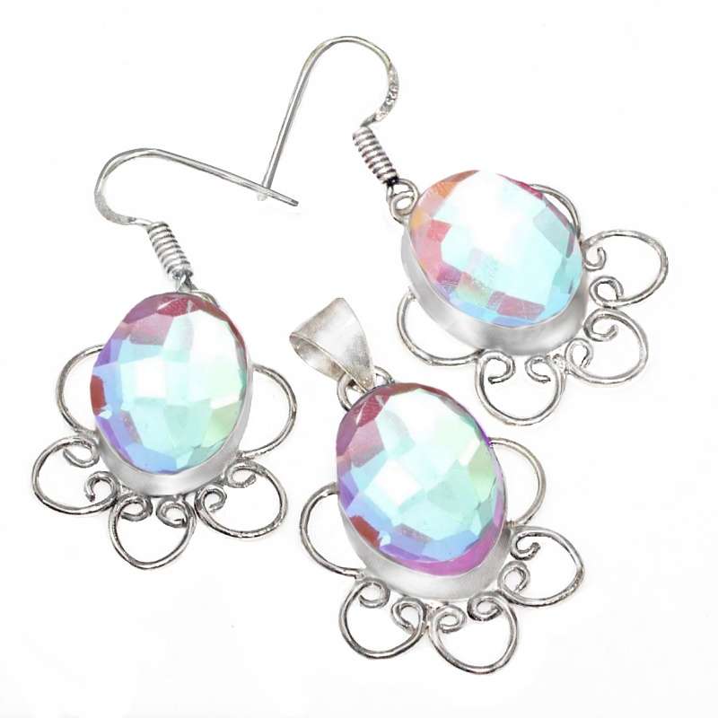 Rainbow Fire Topaz Ovals in .925 Sterling Silver Plated Elegant Pendant and Earrings Set