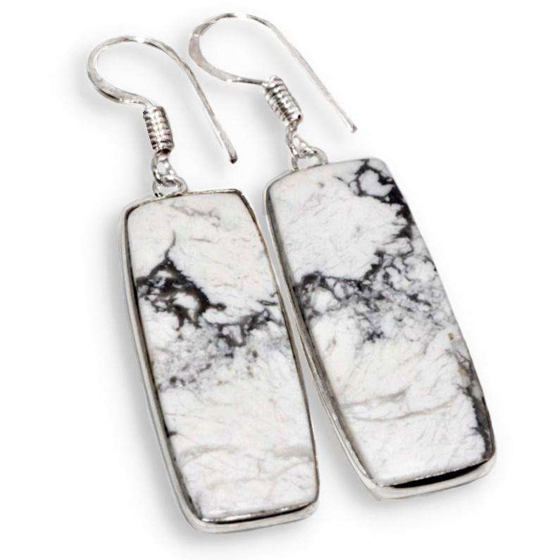 Natural Howlite Rectangle Gemstone set in 925 Sterling Silver Plated Handmade Drop Earrings