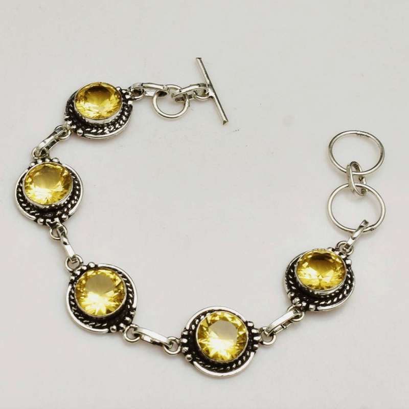 Sunny Citrine Facet Cut Round Gemstones  set in .925 Sterling Silver Plated Handmade Bracelet