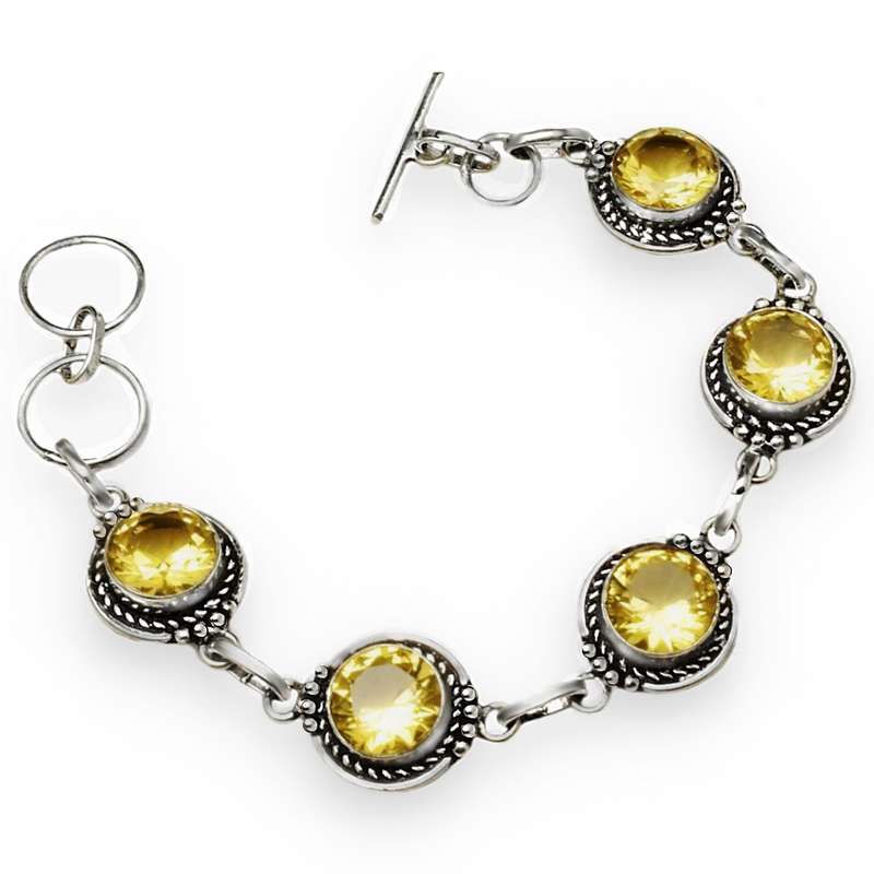 Sunny Citrine Facet Cut Round Gemstones  set in .925 Sterling Silver Plated Handmade Bracelet