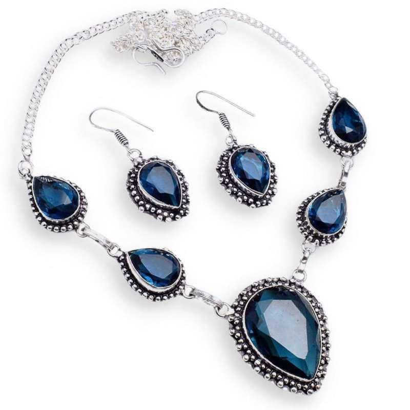 Blue Apatite Pears set in .925 Sterling Silver Plated Antique Style Necklace & Earrings Set