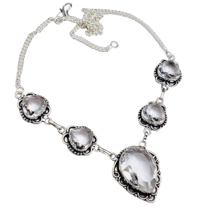 Clear Quartz Pears Set in Antique Style .925 Sterling Silver Plated Handmade Necklace