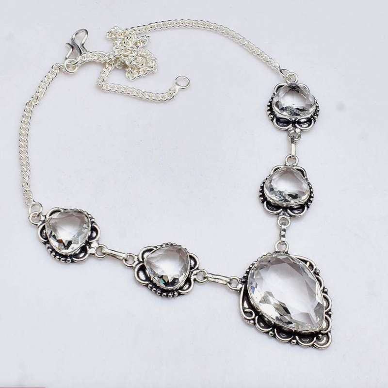 Clear Quartz Pears Set in Antique Style .925 Sterling Silver Plated Handmade Necklace