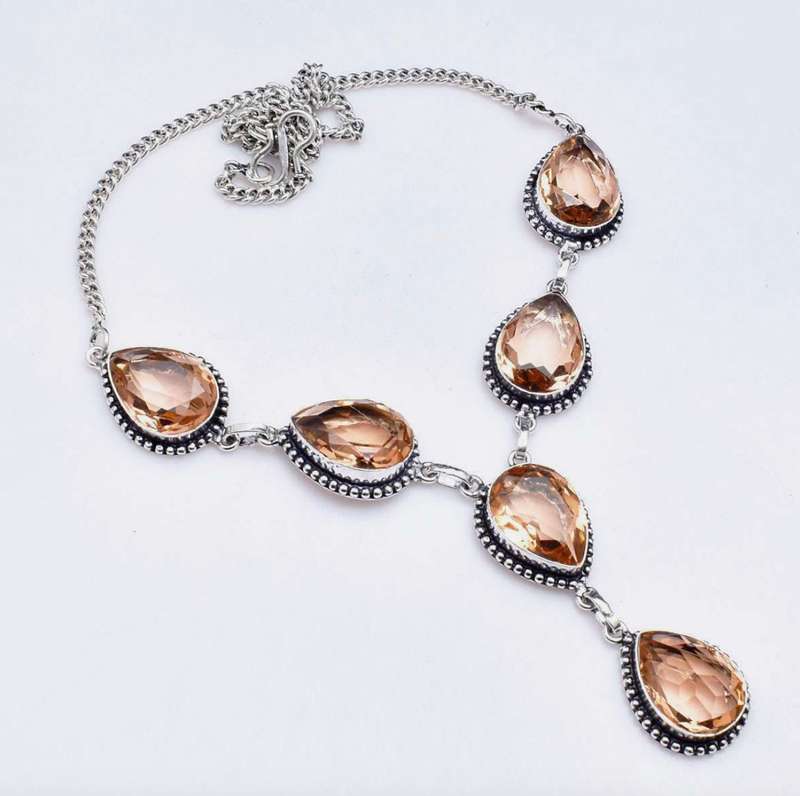 Elegant Morganite Pears Gemstone .925 Sterling Silver Plated Handmade Necklace