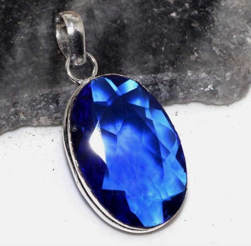 Sapphire Blue Quartz Oval Shape 925 Sterling Silver Plated Handmade Pendant