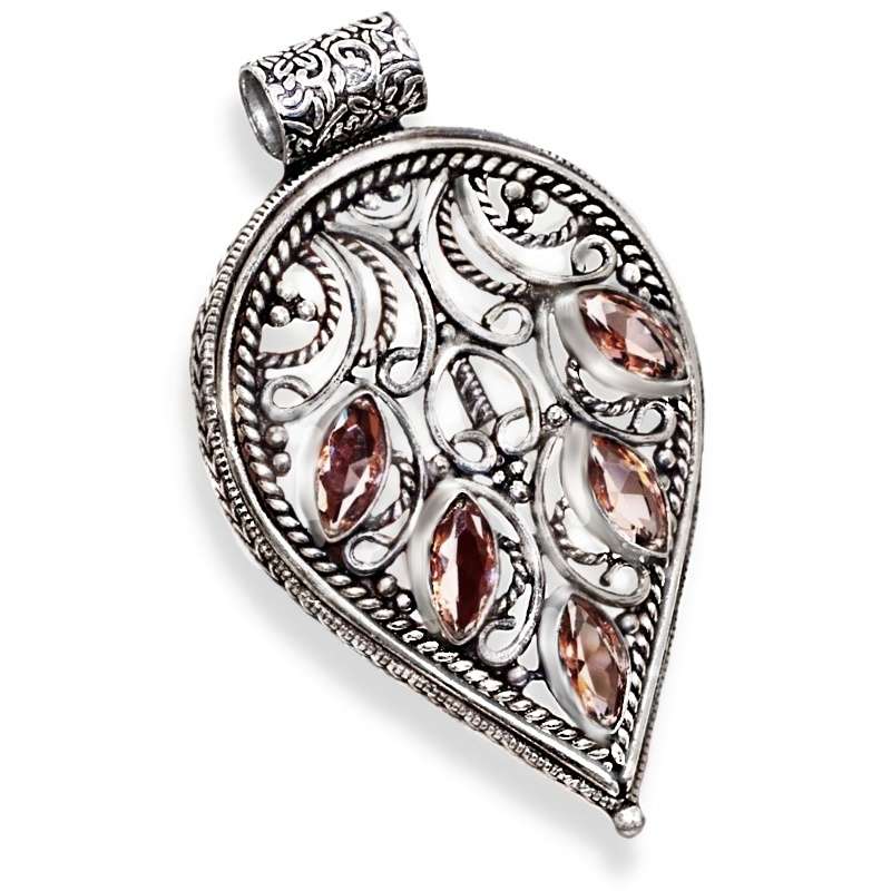 Antique Style Set Faceted Morganite Marquise Gemstones .925 Sterling Silver Plated Handmade Pendant