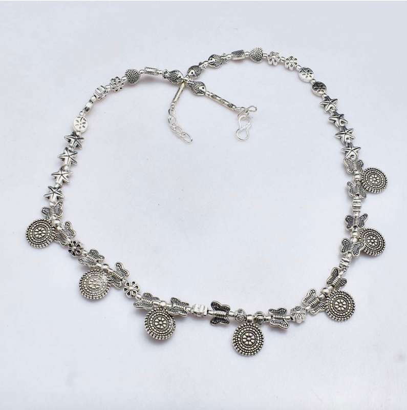 Handmade .925 Sterling Silver Plated Antique Style Round, Butterfly and Flower Charms Necklace