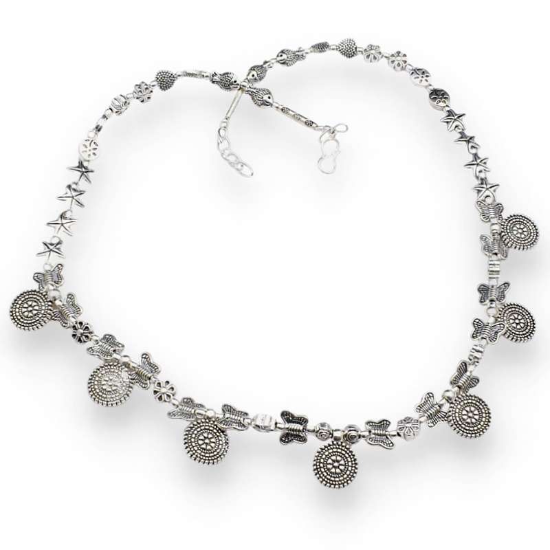 Handmade .925 Sterling Silver Plated Antique Style Round, Butterfly and Flower Charms Necklace