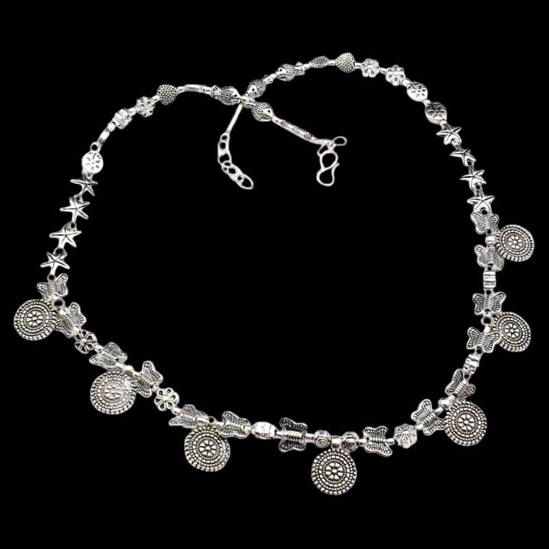 Handmade .925 Sterling Silver Plated Antique Style Round, Butterfly and Flower Charms Necklace