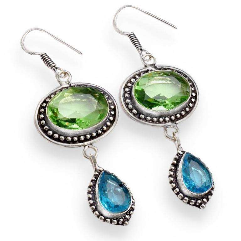 Peridot and Blue Topaz set in  .925 Sterling Silver Plated Handmade Long Earrings