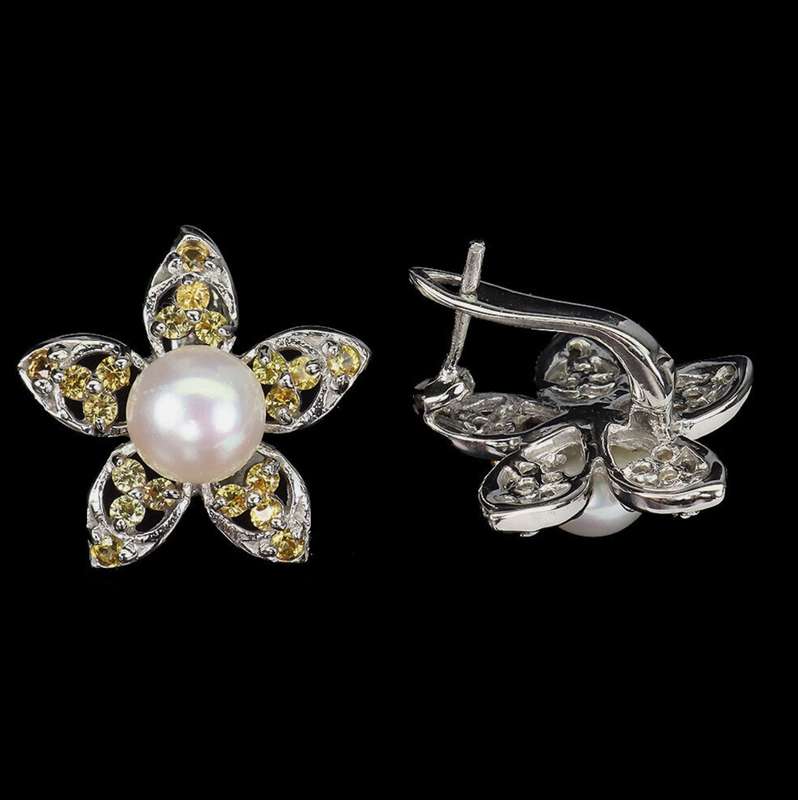 Natural Unheated Yellow Sapphires and Pearl in Solid 925 Sterling Silver 14K White Gold Earrings