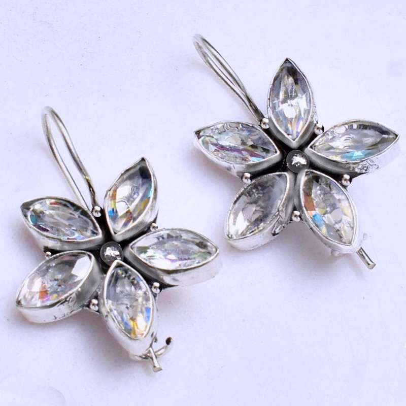 Fiery Quartz Marquise Facet Cut set in .925 Sterling Silver Plated Floral Set Earrings