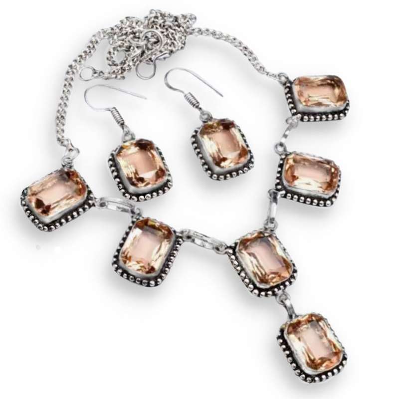 Stunning Morganite Rectangle Gemstone.925 Sterling Silver Plated Handmade Necklace & Earrings Set