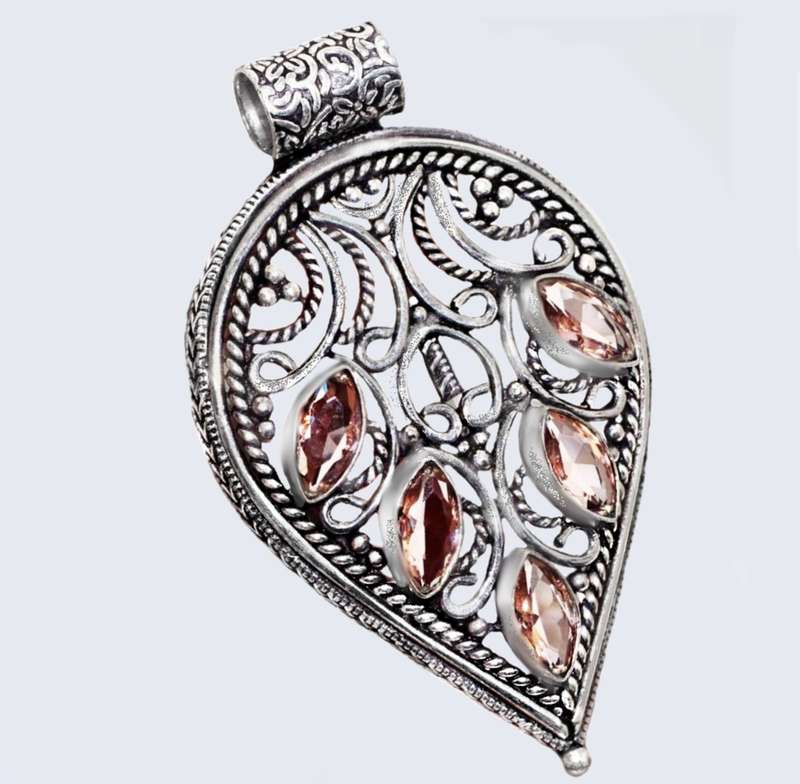Antique Style Set Faceted Morganite Marquise Gemstones .925 Sterling Silver Plated Handmade Pendant