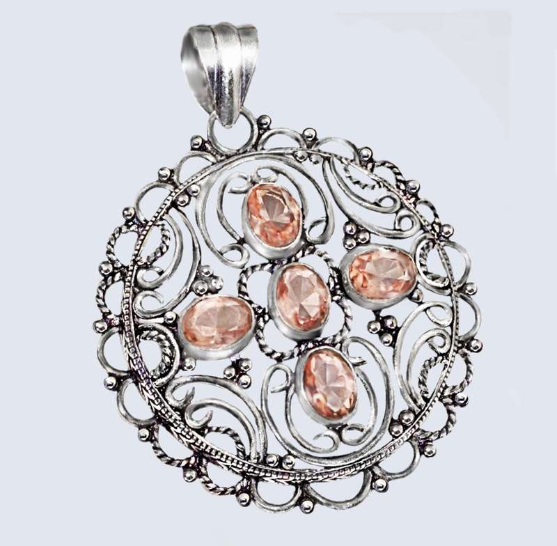 Antique Style Set Faceted Morganite Oval Gemstones .925 Sterling Silver Plated Handmade Pendant