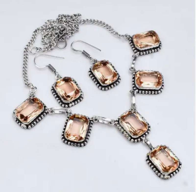 Stunning Morganite Rectangle Gemstone.925 Sterling Silver Plated Handmade Necklace & Earrings Set