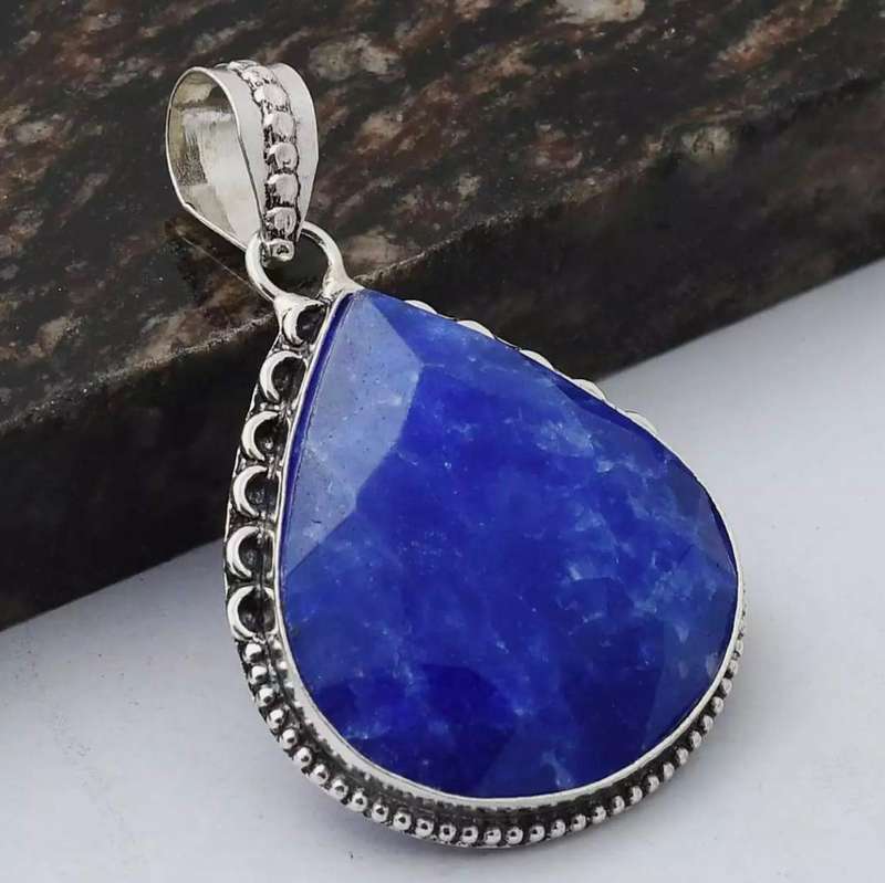 Indian Sapphire Quartz Simulated Pear set in Antique Style .925 Sterling Silver Plated Pendant