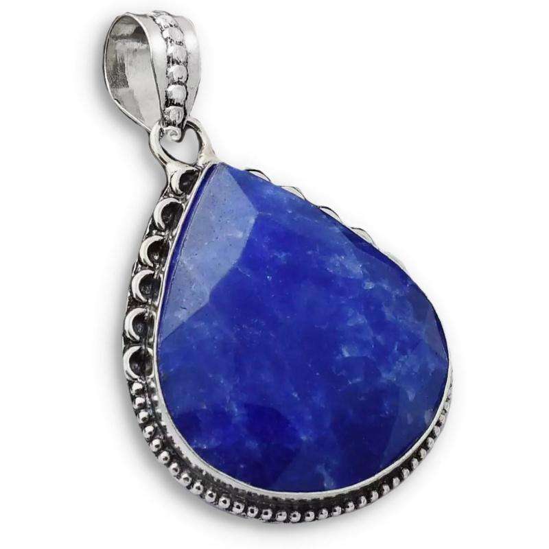 Indian Sapphire Quartz Simulated Pear set in Antique Style .925 Sterling Silver Plated Pendant